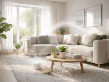 Clean indoor home environment representing improved air quality and odor elimination using chlorine dioxide tablets