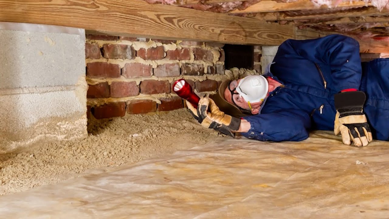 a mold inspector identifying mold in a crawl space with a torch.