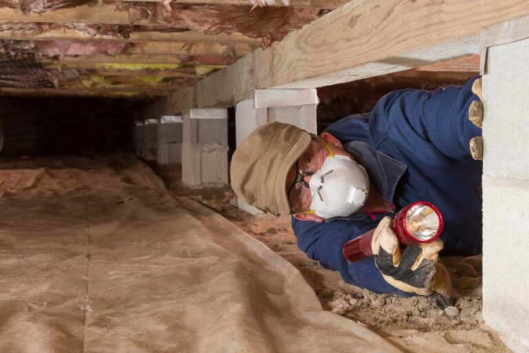 mold inspector looking for mold in a crawl space and a torch in his hand.