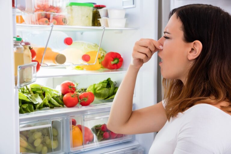 a woman opened refrigerator door and she put a hand on her nose because of the bad odor from refrigerator.