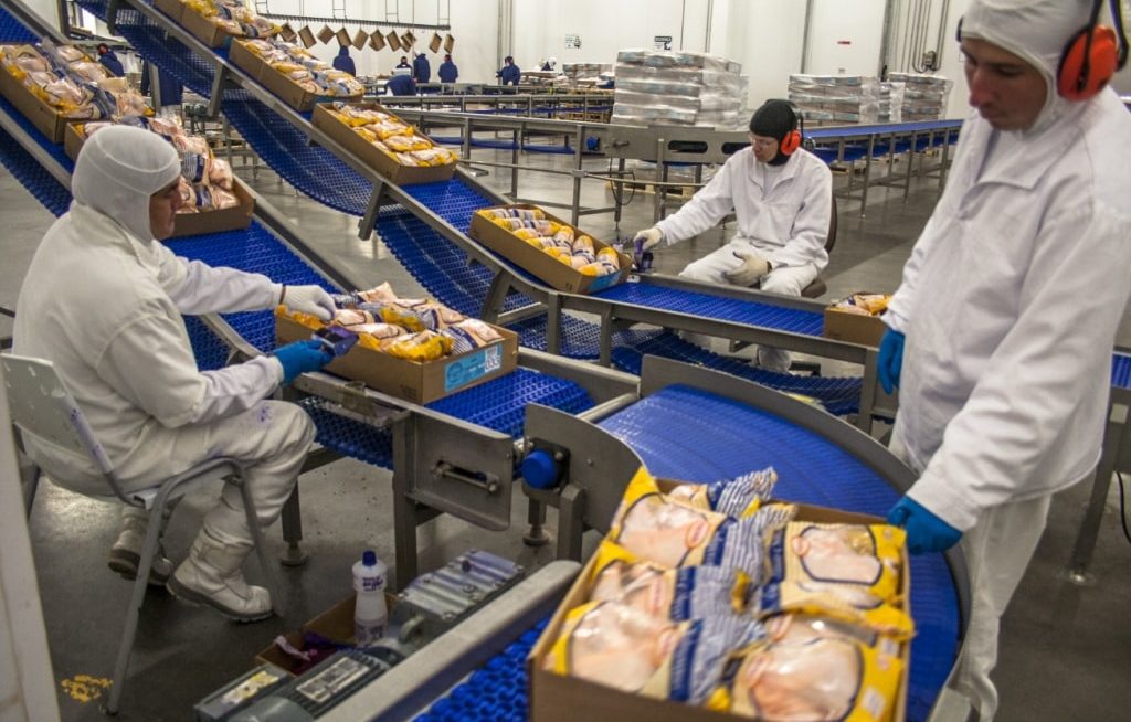 three workers wearing safety gear and processing and packing breads.