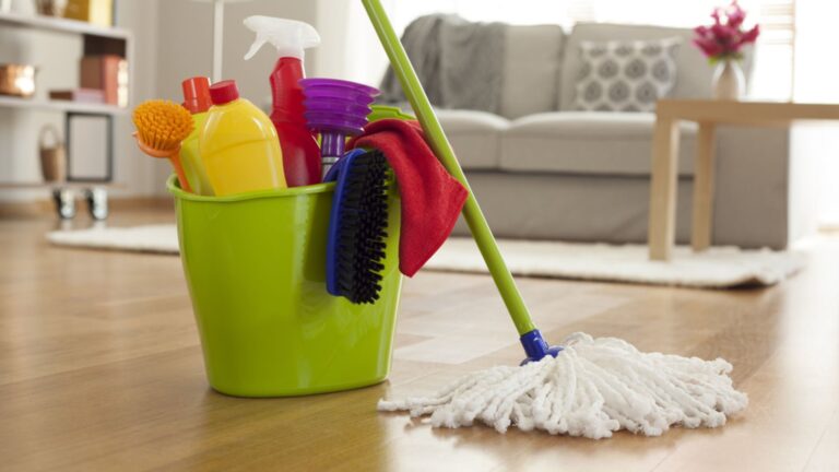 cleaning accessories in bucket and a mop along with bucket.