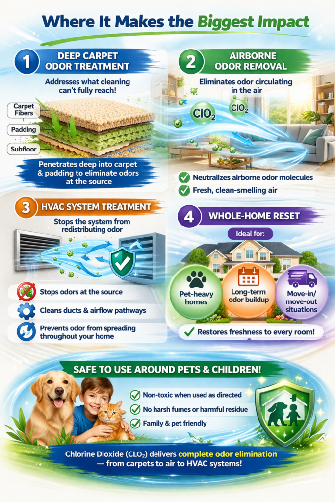 Infographic explaining chlorine dioxide odor elimination in carpets, indoor air, HVAC systems, and whole-home environments