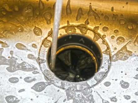 water runs into a garbage disposal as it is being cleaned.