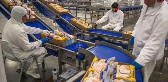 three workers wearing safety gear and processing and packing breads.