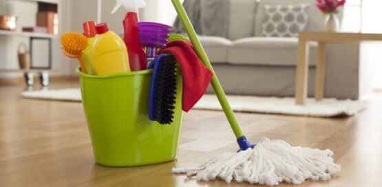 cleaning accessories in bucket and a mop along with bucket.