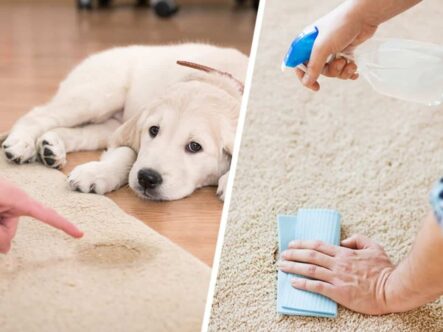 two parts of picture, on the left side, a urine stain on carpet and a dog sitting sad and a hand pointing finger to the urine stain and on the right side, a close shot of hands with a cloth and spraying on urine stain.