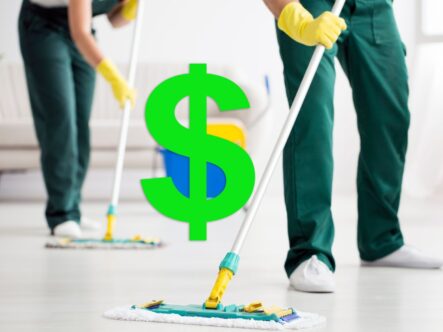 two professionals cleaning floor with mop.