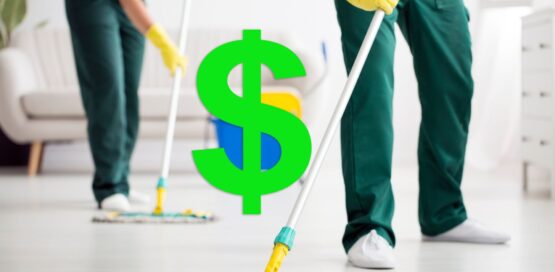 two professionals cleaning floor with mop.